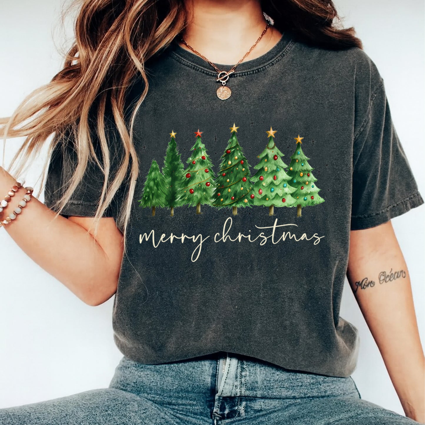 Christmas DTF Transfer – Merry Christmas Five Trees Watercolor Ready to Press Iron On Heat Transfer for DIY Shirts 11777