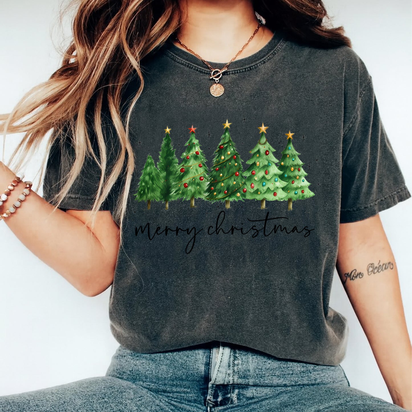 Christmas DTF Transfer – Merry Christmas Watercolor Tree Line Ready to Press Iron On Heat Transfer for DIY Shirts 11778