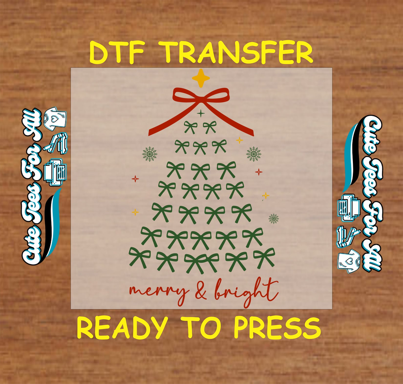 Merry & Bright minimalist Christmas tree ready to press DTF transfer made of bows and red ribbon topper