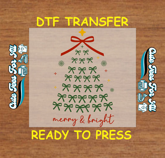 Merry & Bright minimalist Christmas tree ready to press DTF transfer made of bows and red ribbon topper
