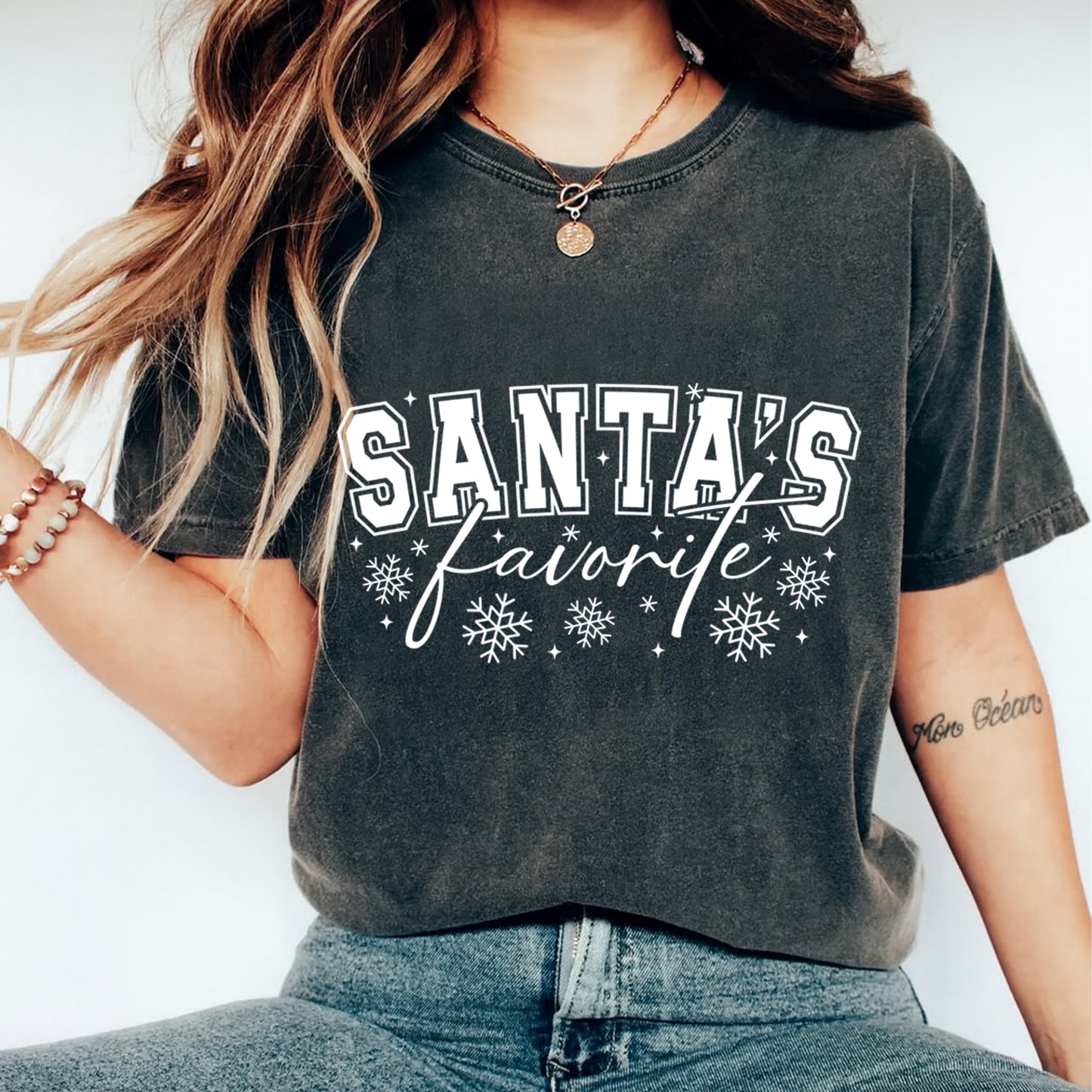 Santa’s Favorite Christmas snowflake varsity lettering ready to press dtf iron on heat transfer for DIY shirts