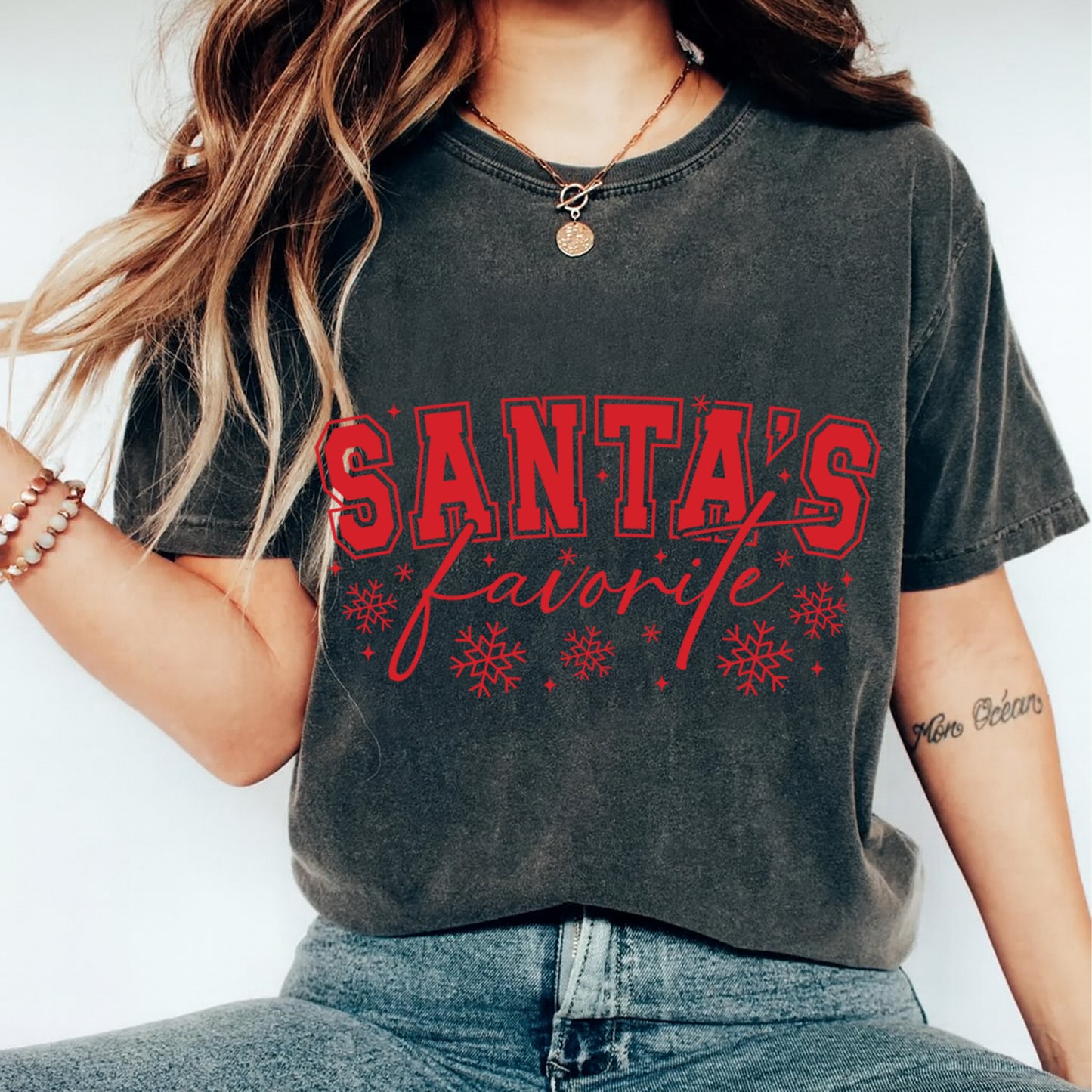 Christmas DTF Transfer – Santa’s Favorite Red Snowflake Varsity Lettering Ready to Press Iron On Heat Transfer for DIY Shirts 11790