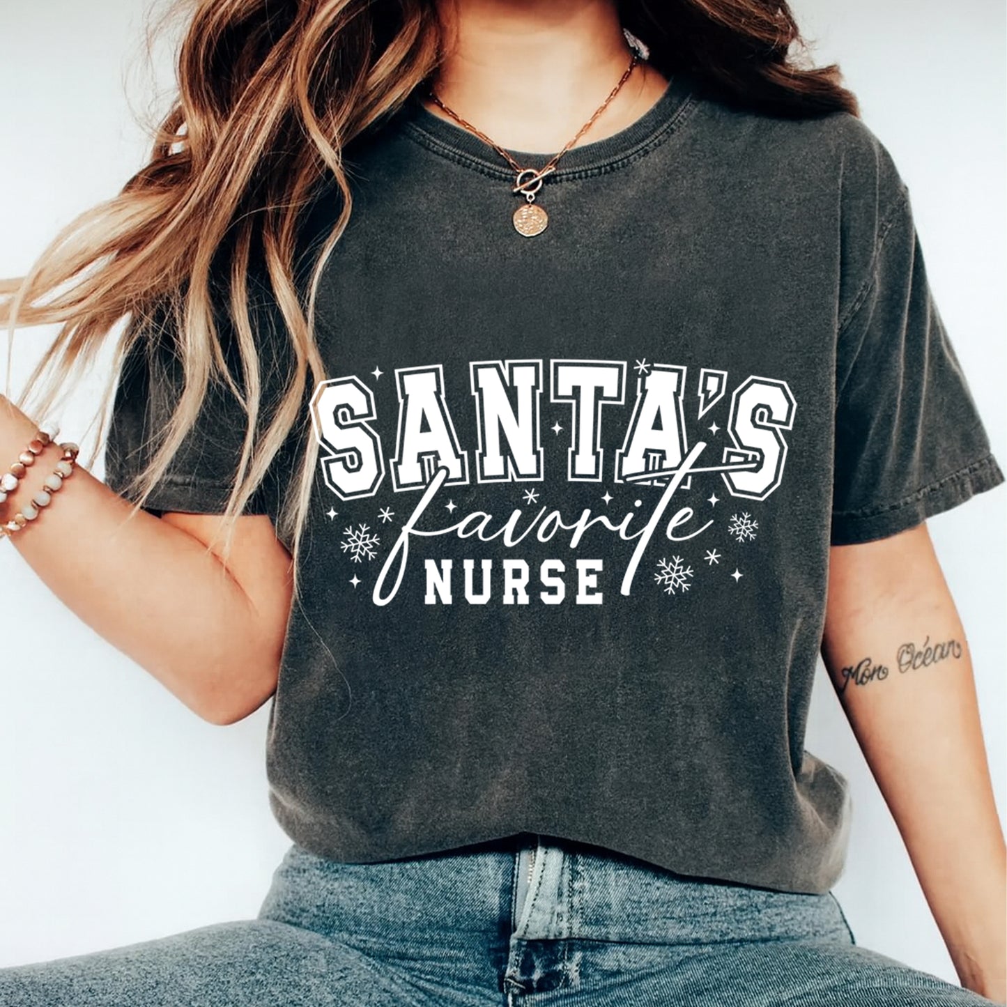 Christmas DTF Transfer – Santa’s Favorite Nurse White Snowflake Varsity Ready to Press Iron On Heat Transfer for DIY Shirts 11794