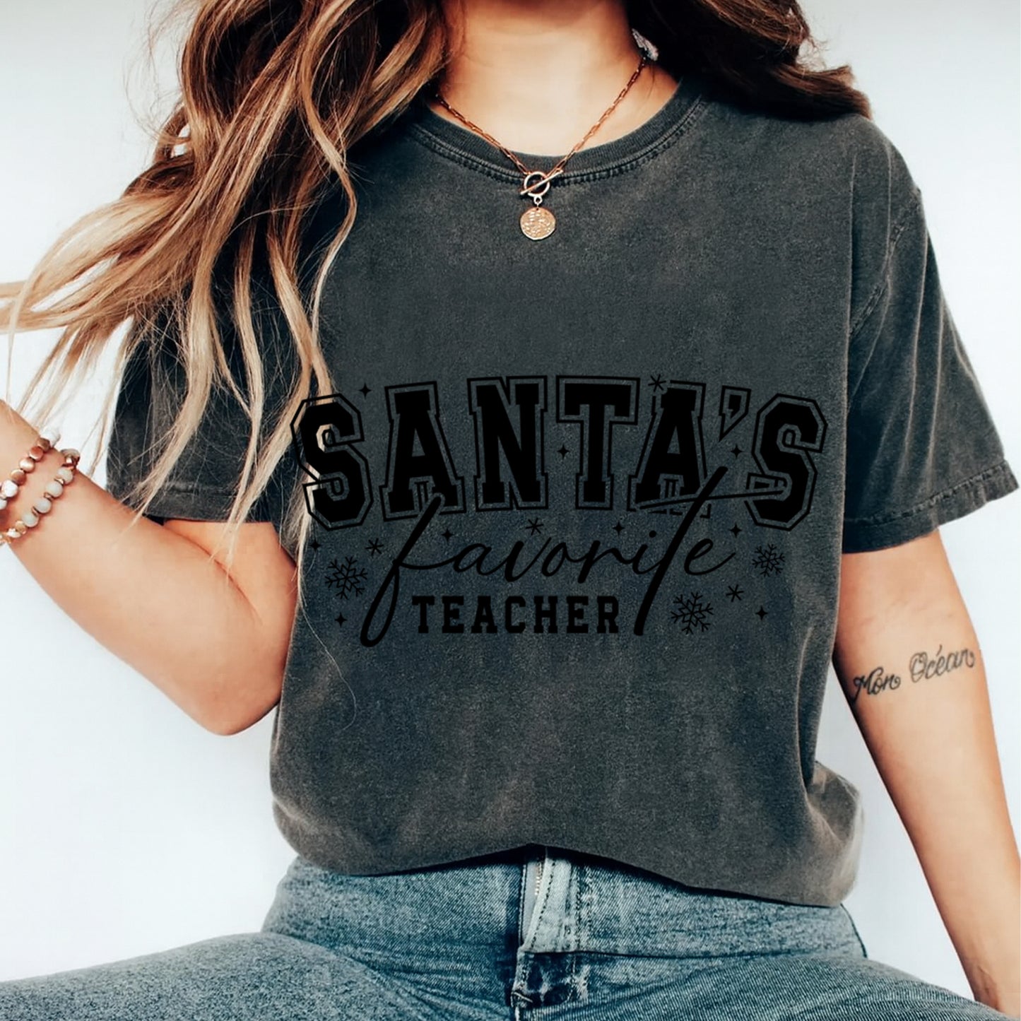 Christmas DTF Transfer – Santa’s Favorite Teacher Black Snowflake Varsity Ready to Press Iron On Heat Transfer for DIY Shirts 11804