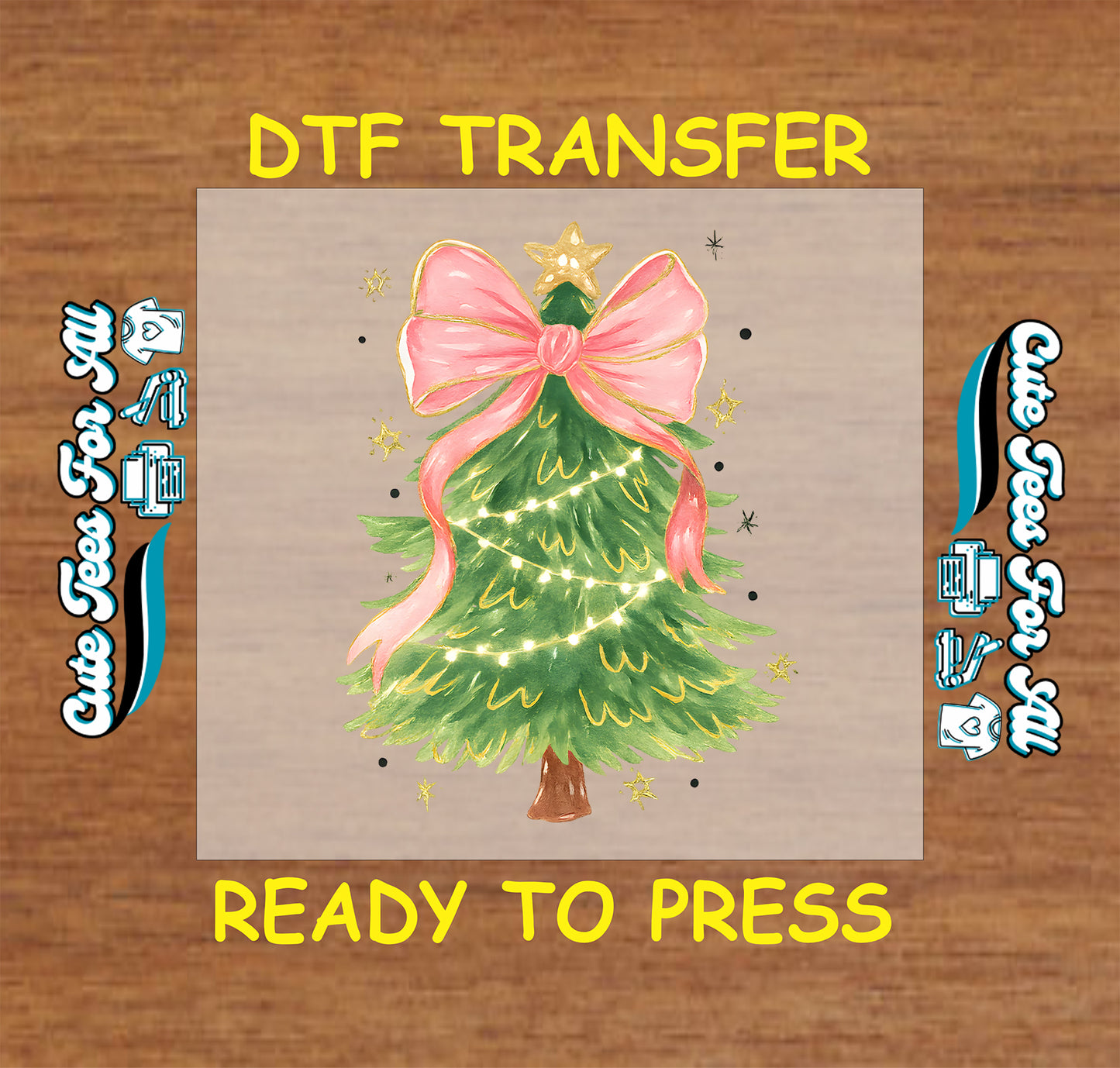 Christmas tree with pink bow and lights ready to press dtf iron on heat transfer for DIY shirts