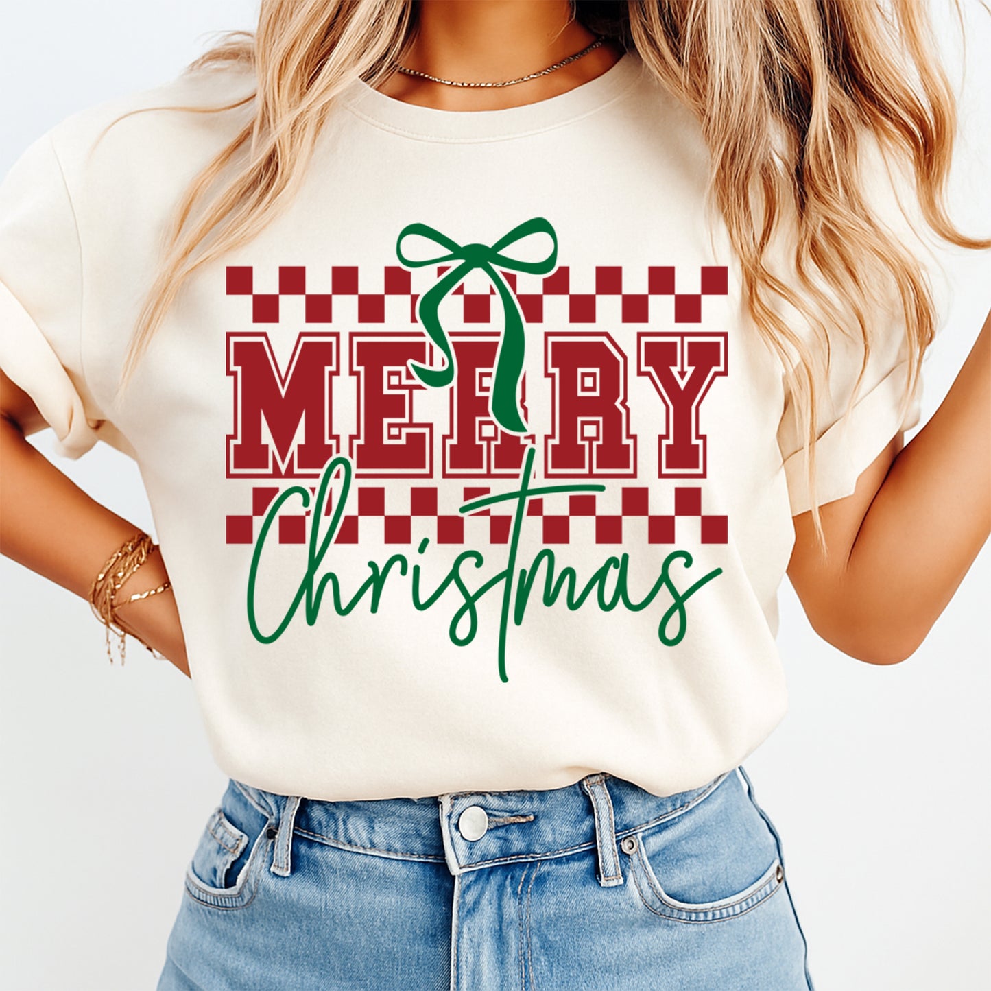 Christmas DTF Transfer – Merry Christmas Red Checkered Bow Ready to Press Iron On Heat Transfer for DIY Shirts 11807