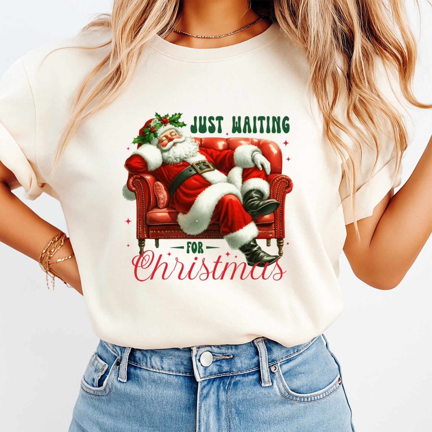 Christmas DTF Transfer – Vintage Santa on Couch Just Waiting for Christmas Ready to Press Iron On Heat Transfer for DIY Shirts 11808