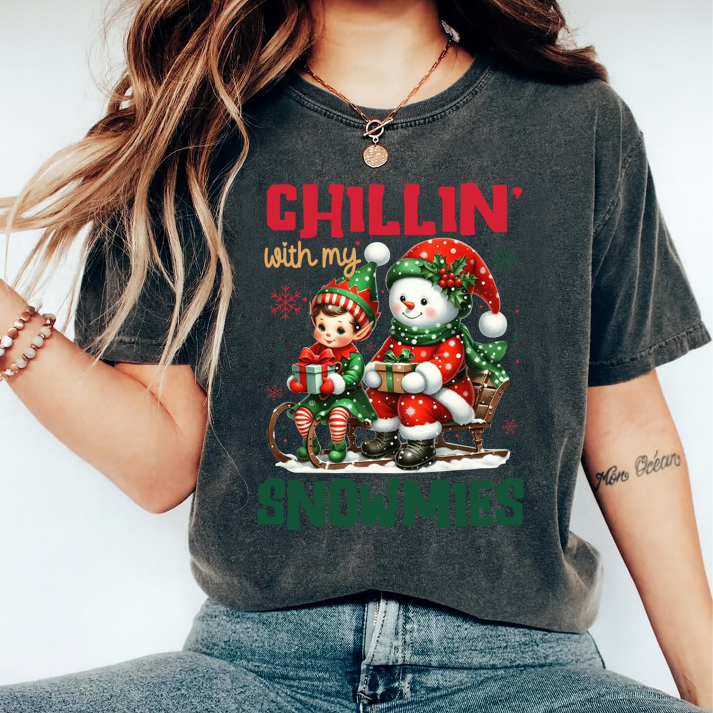 Christmas DTF Transfer – Chillin’ with My Snowmies Retro Snowman & Elf Ready to Press Iron On Heat Transfer for DIY Shirts 11809
