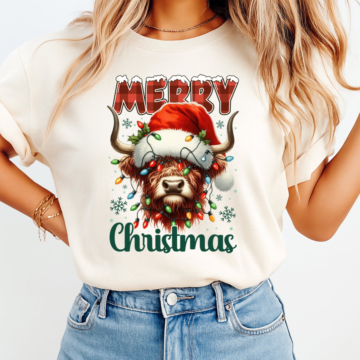 Christmas DTF Transfer – Highland Cow with Santa Hat and Lights “Merry Christmas” Ready to Press Iron On Heat Transfer for DIY Shirts 11812