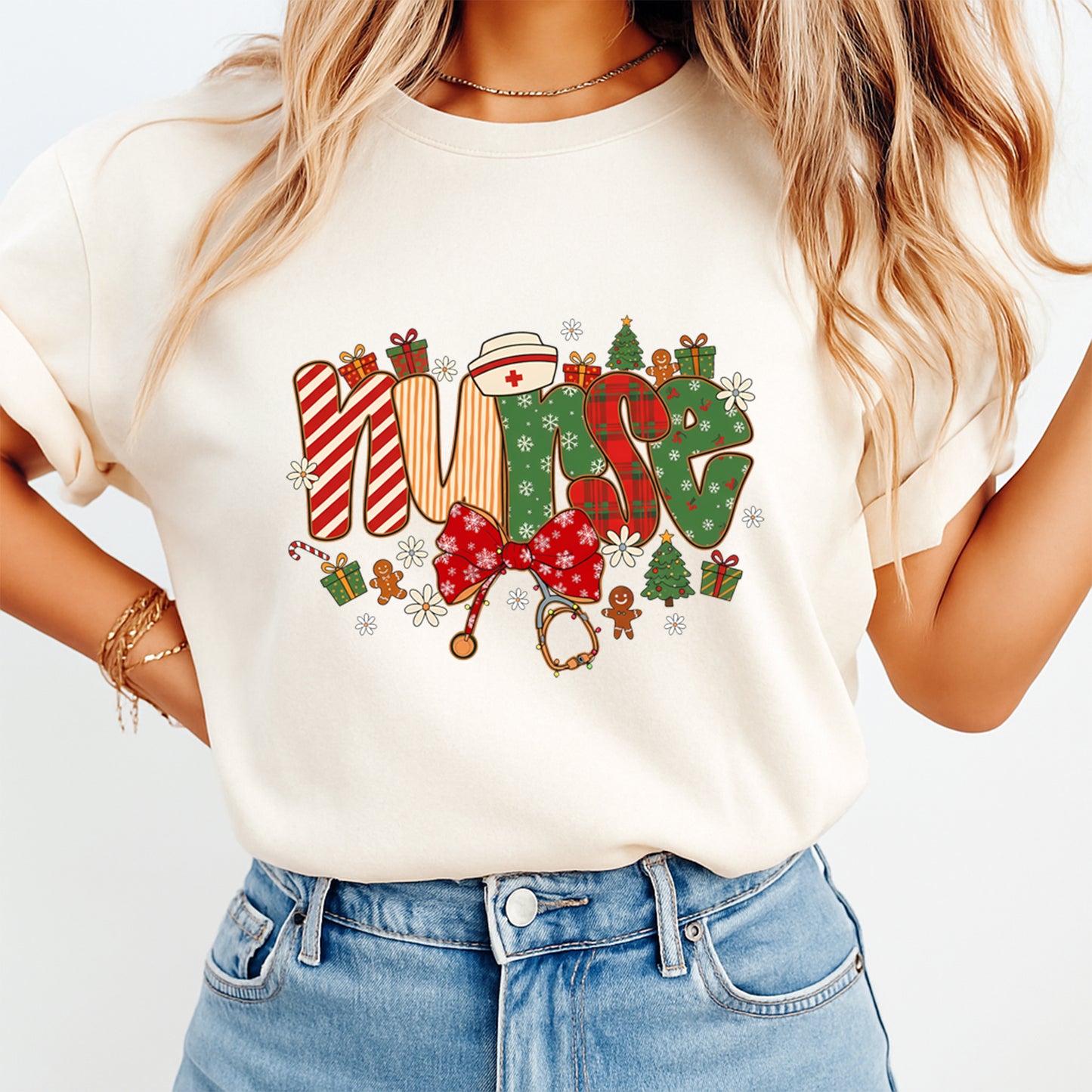 Christmas DTF Transfer – Holiday Nurse Stethoscope & Gifts “Nurse” Ready to Press Iron On Heat Transfer for DIY Shirts 11822