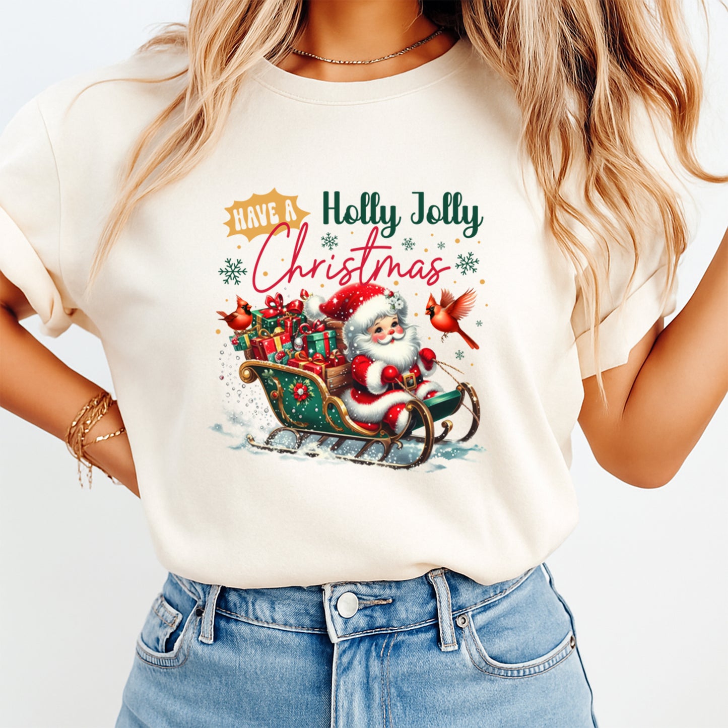 Christmas DTF Transfer – Santa in Sleigh “Have a Holly Jolly Christmas” Ready to Press Iron On Heat Transfer for DIY Shirts 11823
