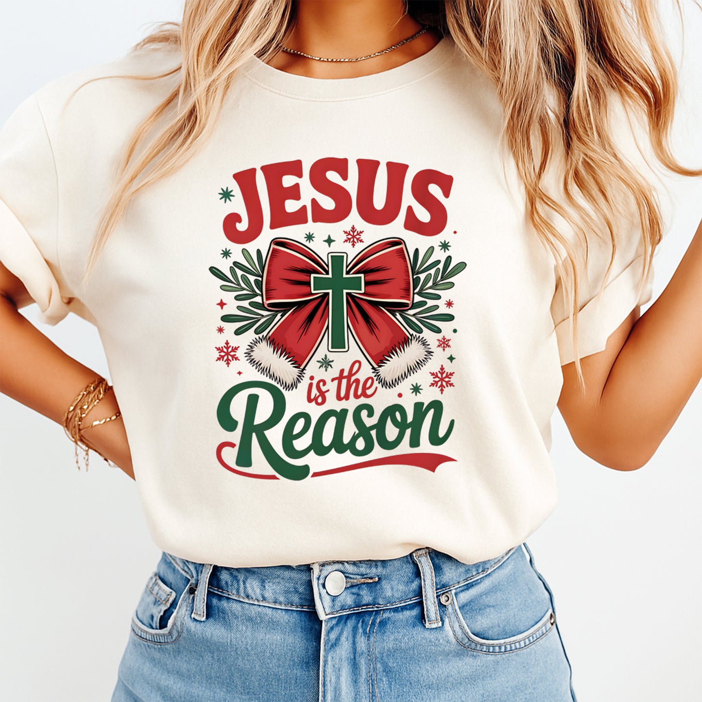 Christmas DTF Transfer – Cross and Bow “Jesus Is the Reason” Ready to Press Iron On Heat Transfer for DIY Shirts 11825