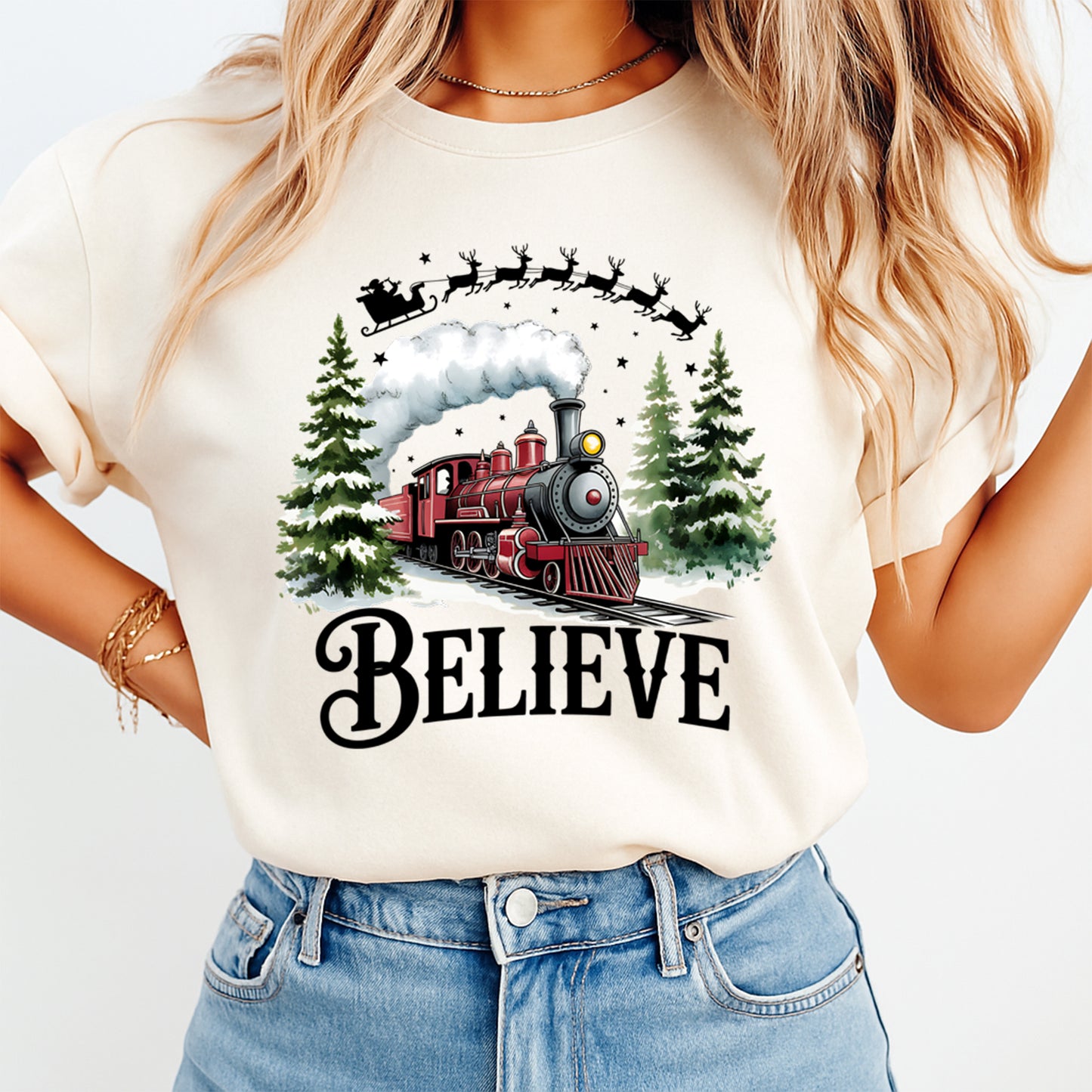 Christmas DTF Transfer – Vintage Train with Santa Sleigh “Believe” Ready to Press Iron On Heat Transfer for DIY Shirts 11826
