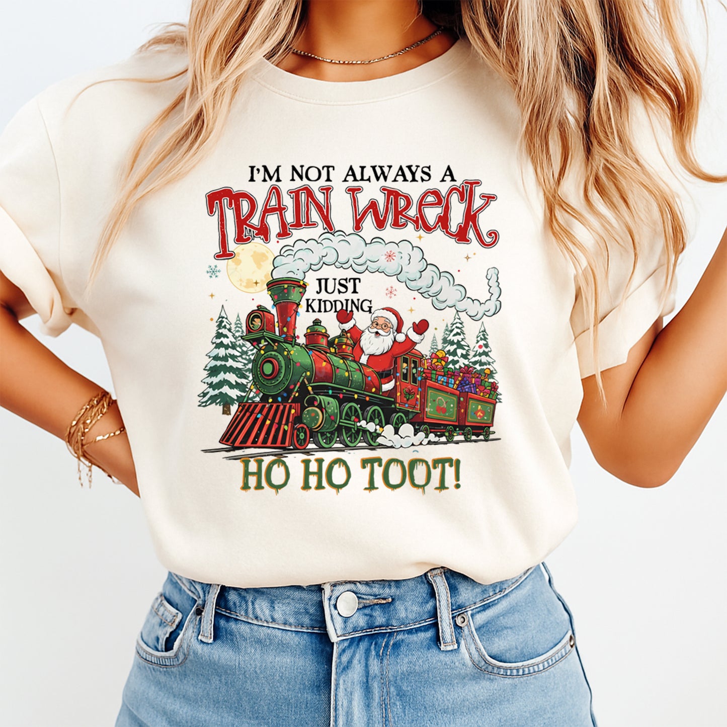 Christmas DTF Transfer – “I’m Not Always a Train Wreck” Funny Santa Train Ready to Press Iron On Heat Transfer for DIY Shirts 11835