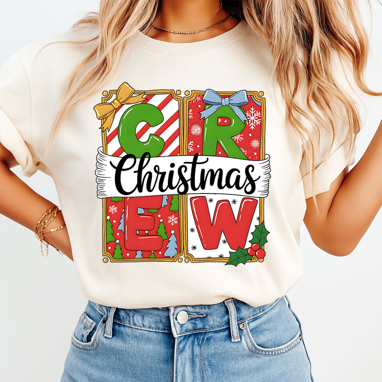 Christmas DTF Transfer – Christmas Crew Gift Box Letters Ready to Press Iron On Heat Transfer for DIY Shirts 11843