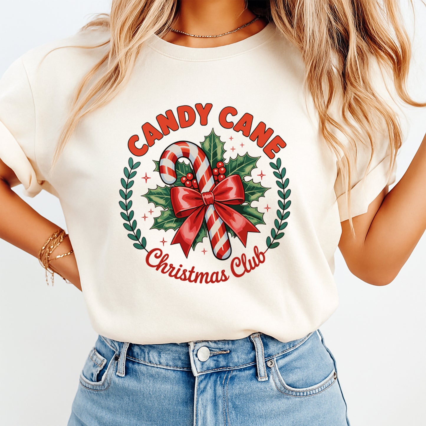 Christmas DTF Transfer – Candy Cane Christmas Club Wreath Ready to Press Iron On Heat Transfer for DIY Shirts 11844