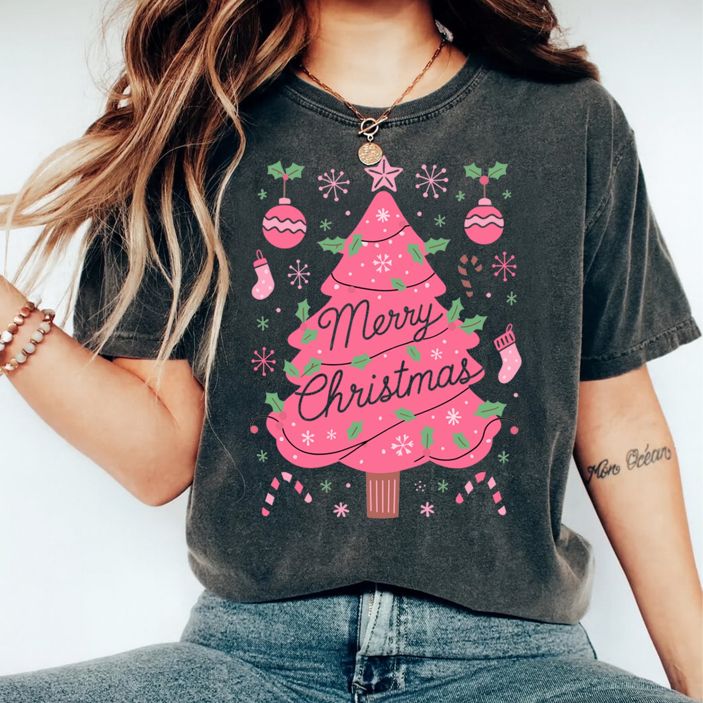 Christmas DTF Transfer – Pink Tree with Merry Christmas Text Ready to Press Iron On Heat Transfer for DIY Shirts 11849