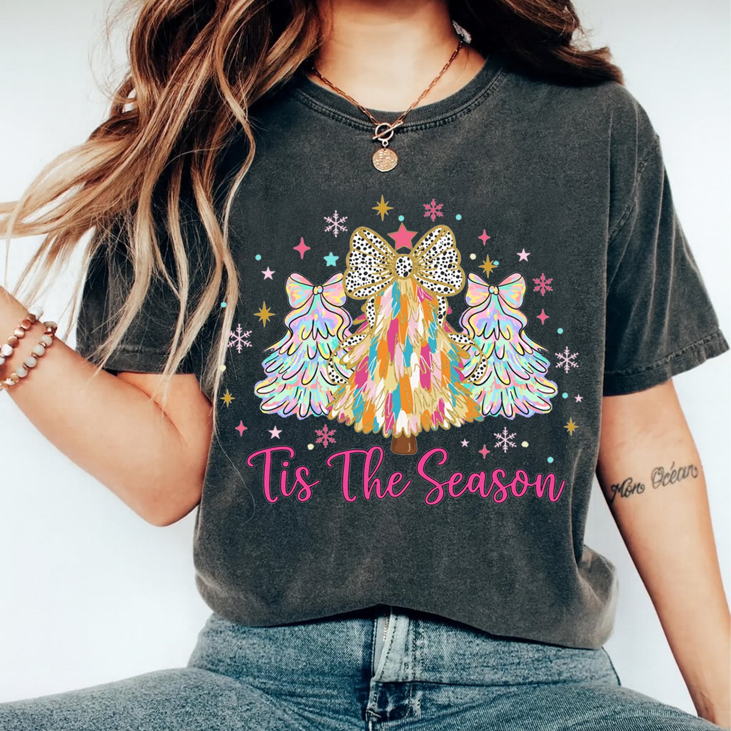 Christmas DTF Transfer – Colorful Trees with Gold Bow Tis The Season Text Ready to Press Iron On Heat Transfer for DIY Shirts 11851