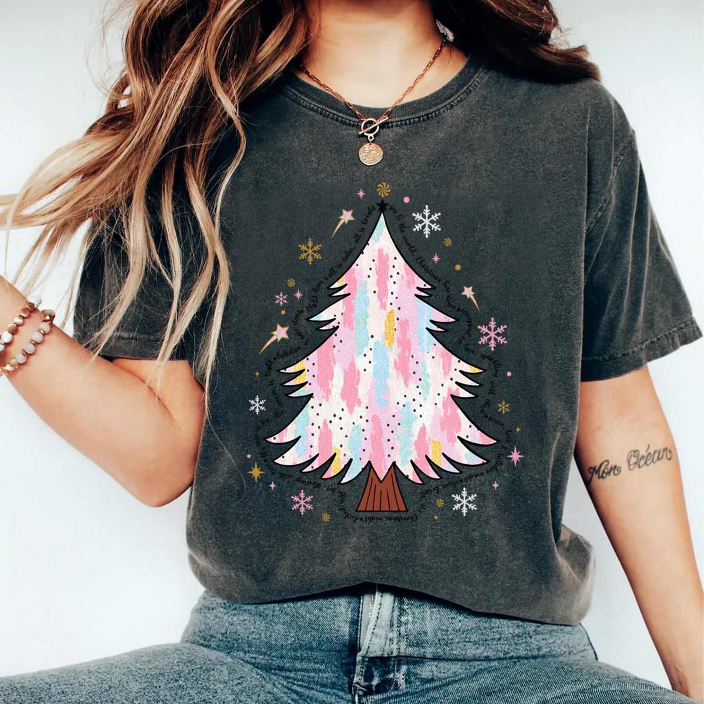 Christmas DTF Transfer – Pastel Watercolor Tree with Holiday Words Ready to Press Iron On Heat Transfer for DIY Shirts 11852