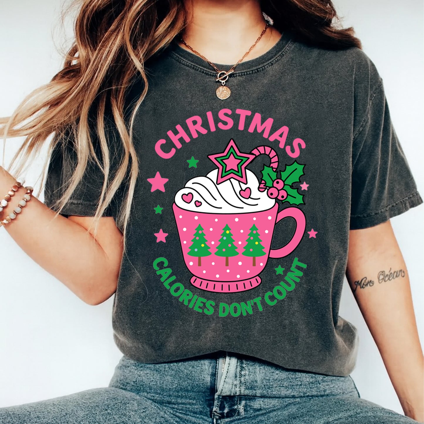 Christmas DTF Transfer – Pink Mug with Trees Christmas Calories Don’t Count Text Ready to Press Iron On Heat Transfer for DIY Shirts 11854