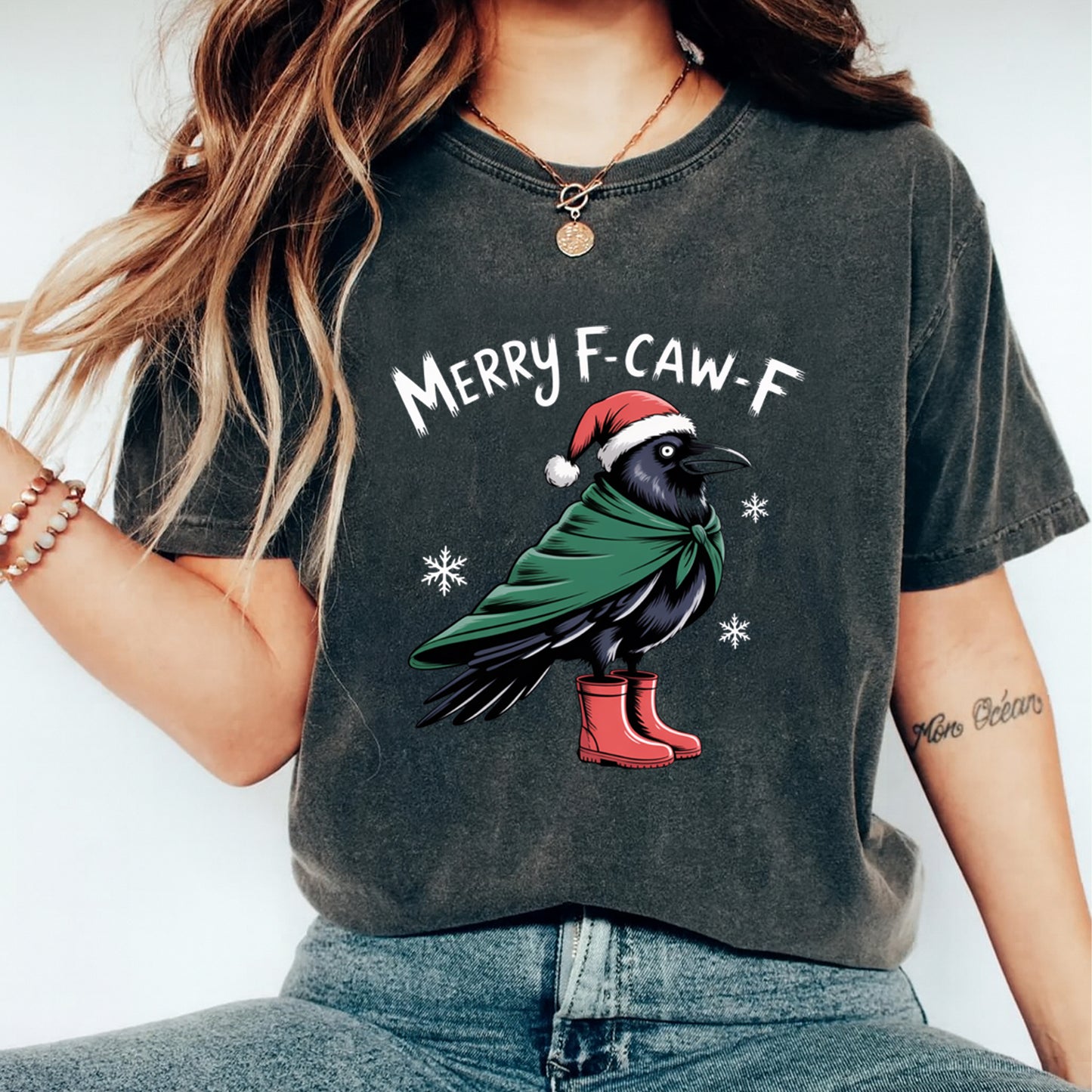 Christmas DTF Transfer – Funny Crow with Santa Hat Merry F-Caw-F Text Ready to Press Iron On Heat Transfer for DIY Shirts 11855