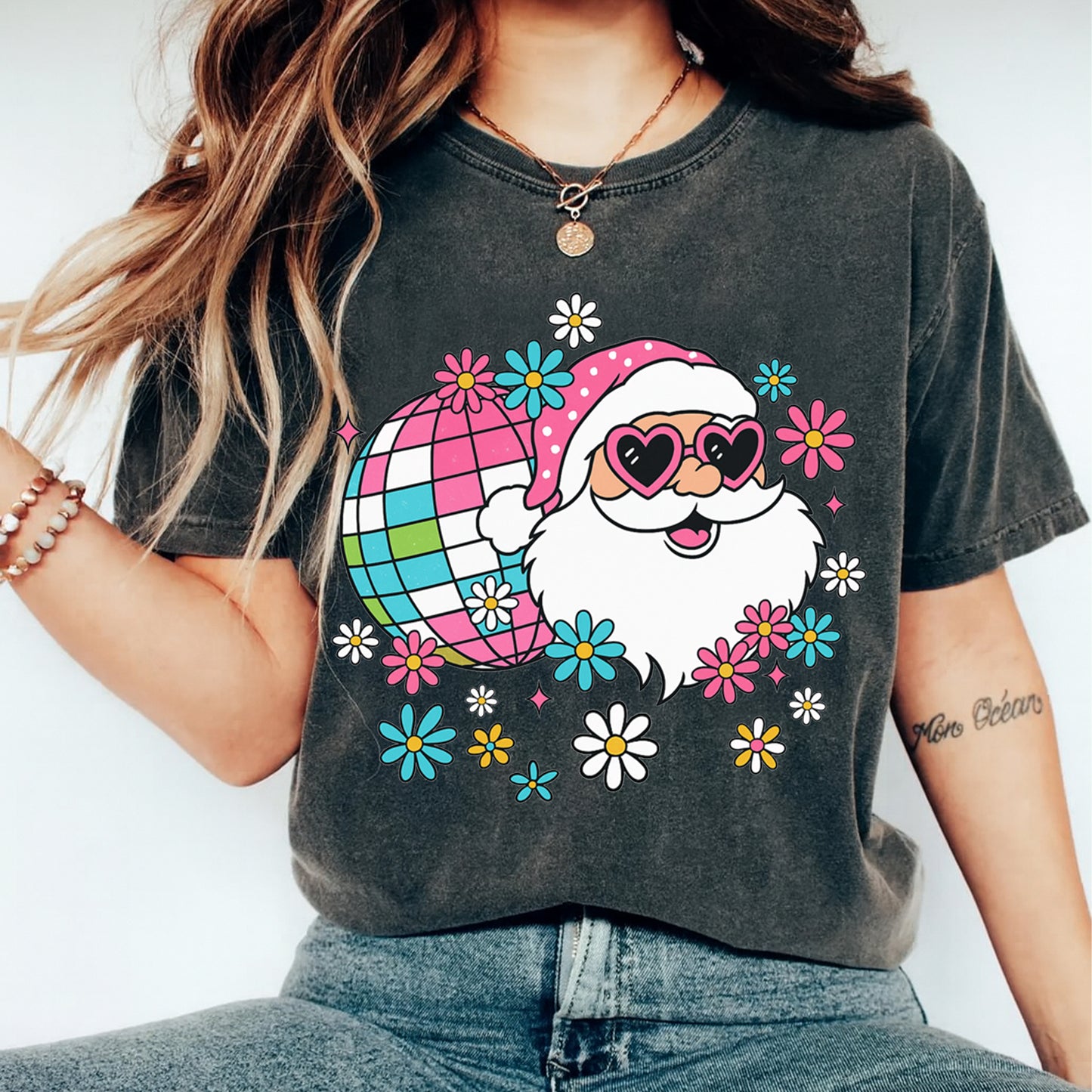 Christmas DTF Transfer – Groovy Santa with Disco Ball and Flowers Ready to Press Iron On Heat Transfer for DIY Shirts 11856