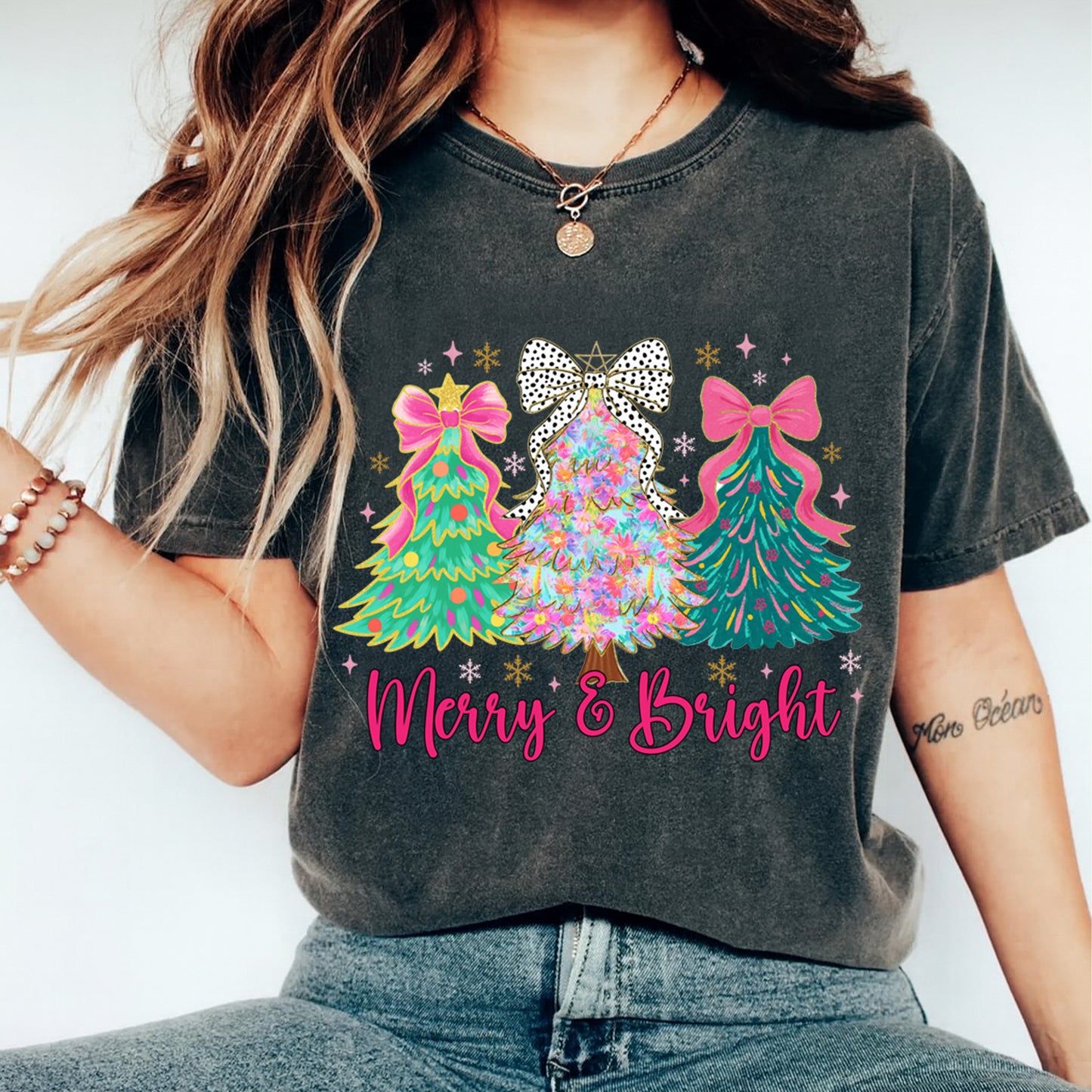 Christmas DTF Transfer – Colorful Trees with Bows Merry & Bright Text Ready to Press Iron On Heat Transfer for DIY Shirts 11857