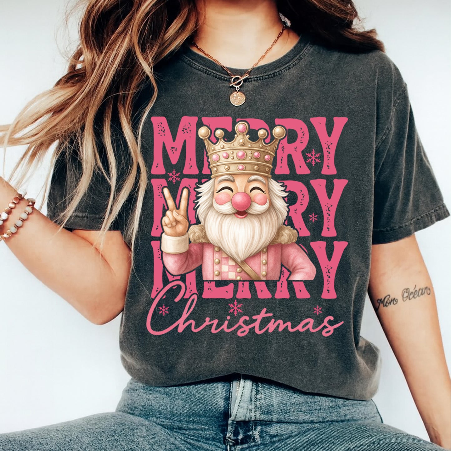 Christmas DTF Transfer – Pink Nutcracker with Crown Merry Merry Merry Christmas Text Ready to Press Iron On Heat Transfer for DIY Shirts 11858