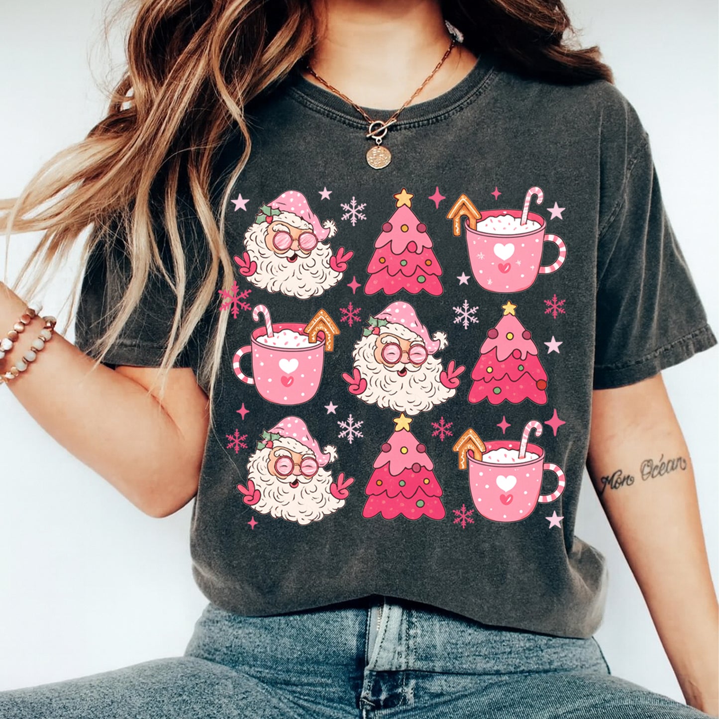 Christmas DTF Transfer – Pink Santa Cocoa and Trees Pattern Ready to Press Iron On Heat Transfer for DIY Shirts 11859