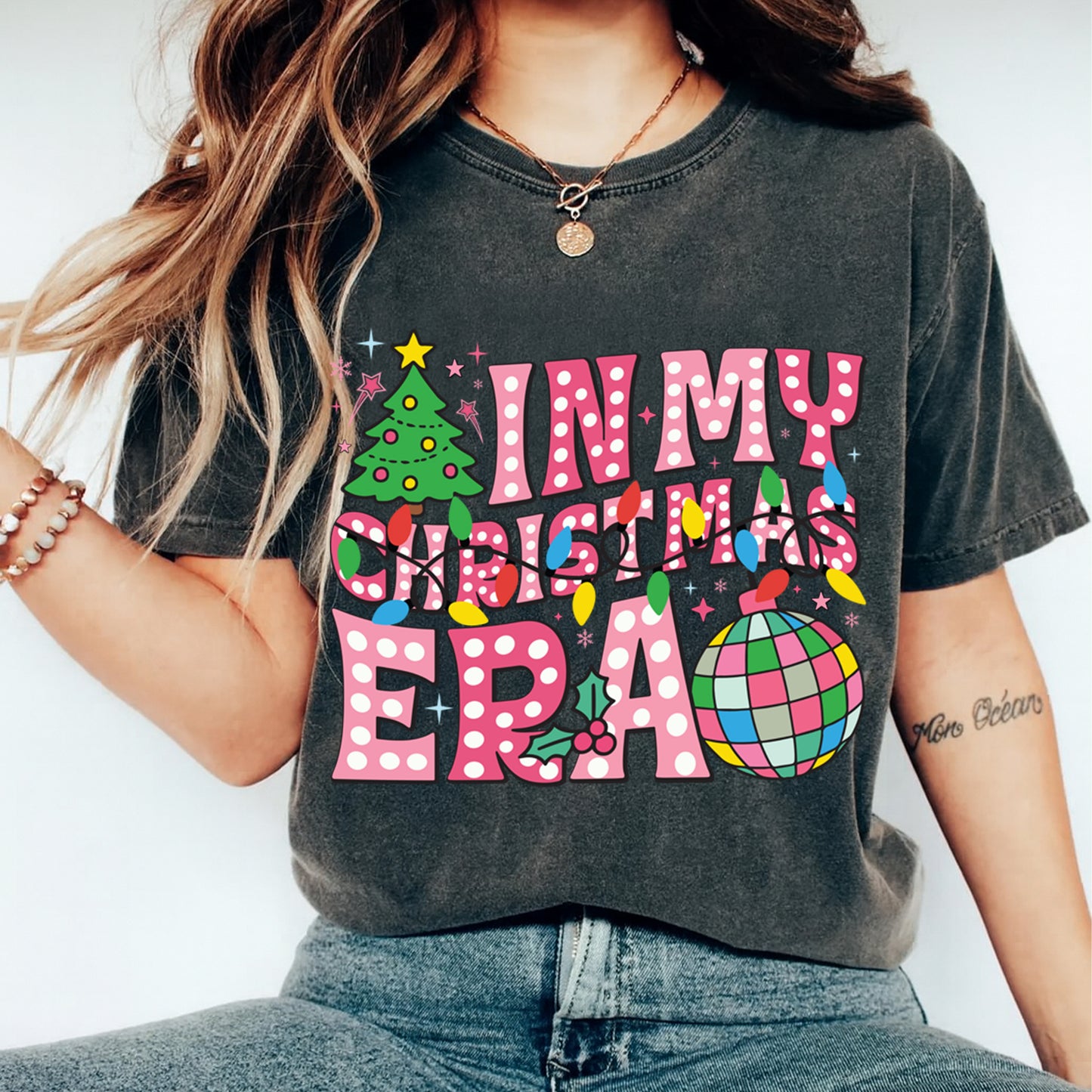 Christmas DTF Transfer – In My Christmas Era Retro Lights and Disco Ball Ready to Press Iron On Heat Transfer for DIY Shirts 11862