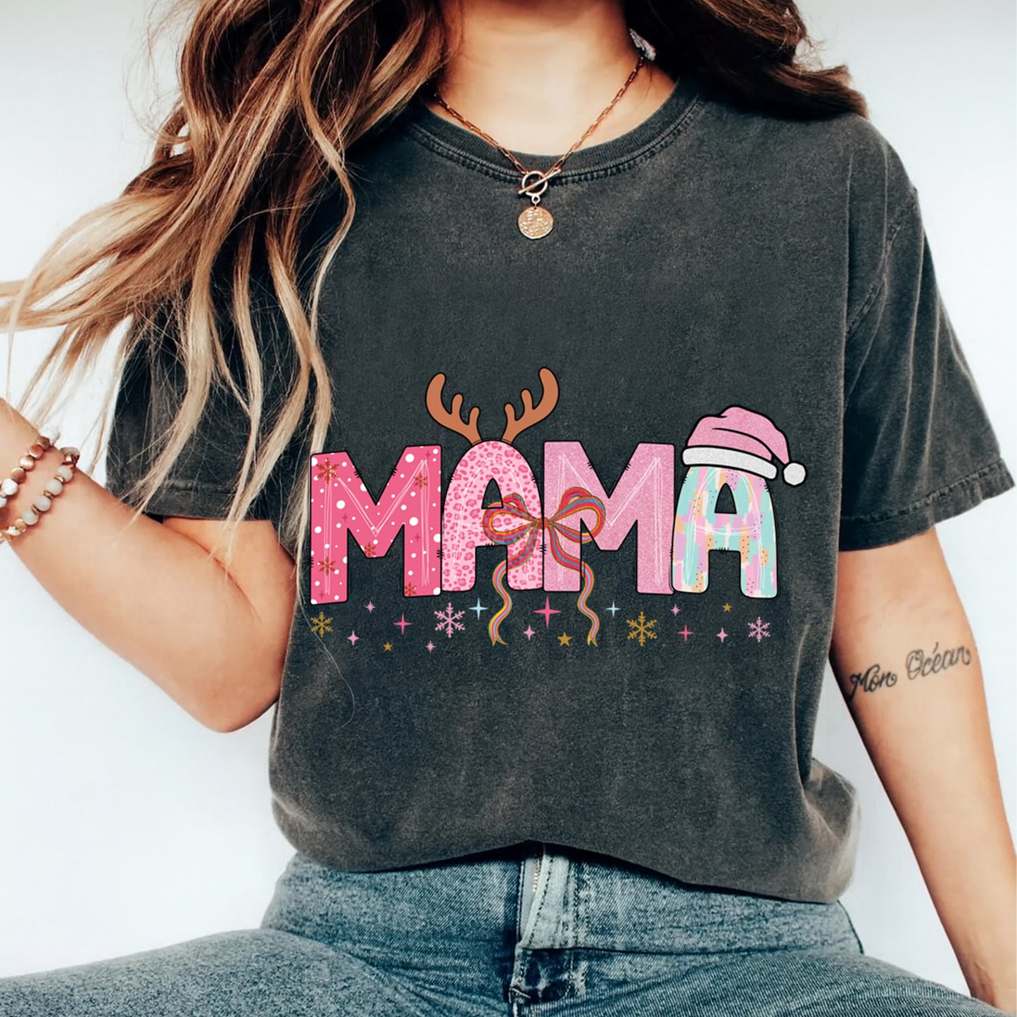 Christmas DTF Transfer – Pink MAMA with Reindeer Antlers and Santa Hat Ready to Press Iron On Heat Transfer for DIY Shirts 11863