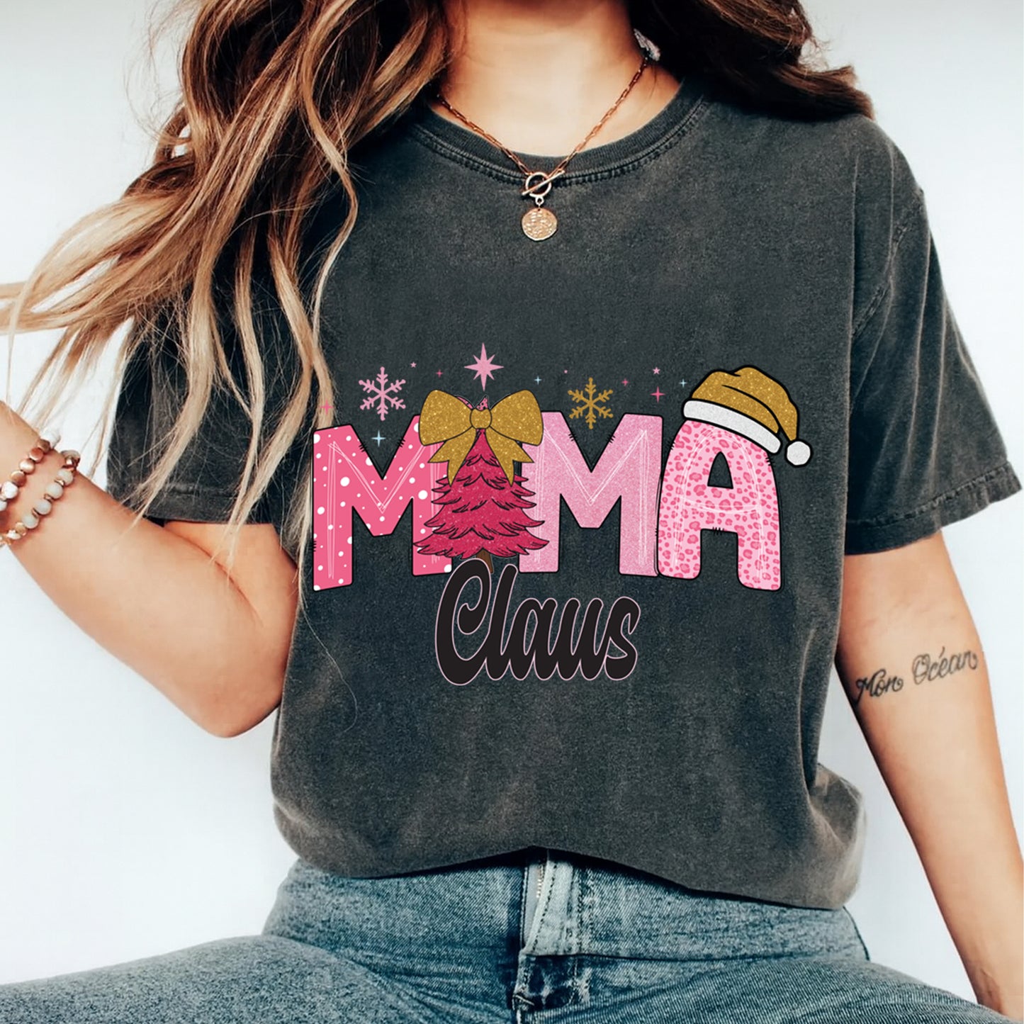 Christmas DTF Transfer – Pink MAMA Claus with Gold Bow and Tree Ready to Press Iron On Heat Transfer for DIY Shirts 11864