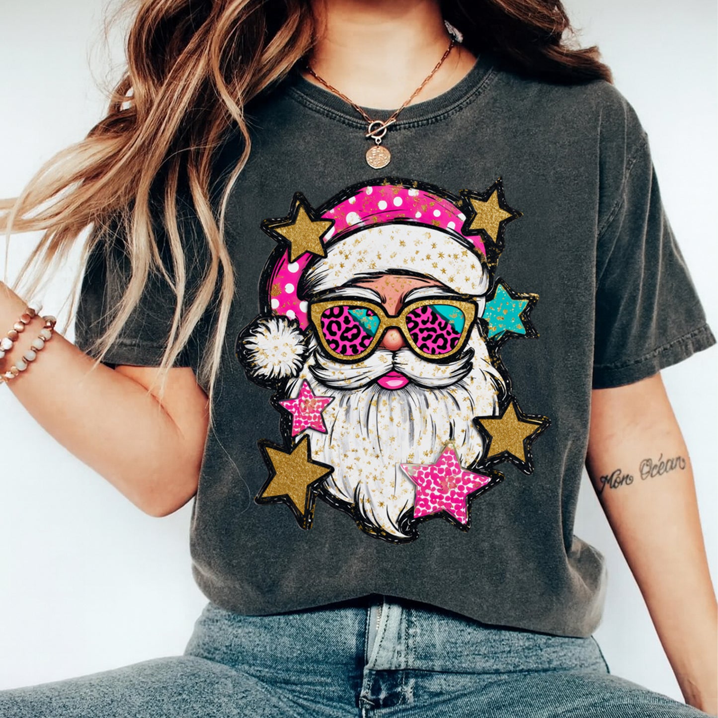 Christmas DTF Transfer – Retro Santa with Leopard Glasses and Stars Ready to Press Iron On Heat Transfer for DIY Shirts 11866