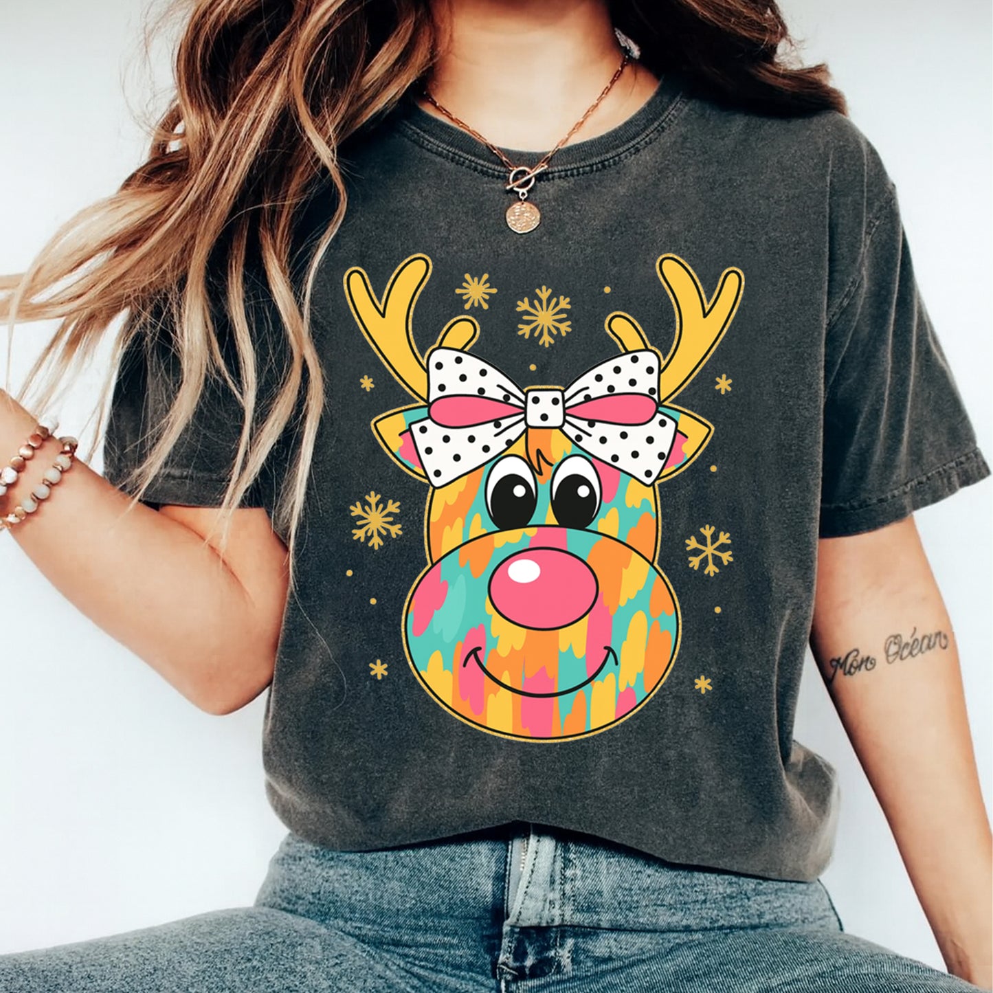 Christmas DTF Transfer – Colorful Reindeer Face with Polka Dot Bow Ready to Press Iron On Heat Transfer for DIY Shirts 11869