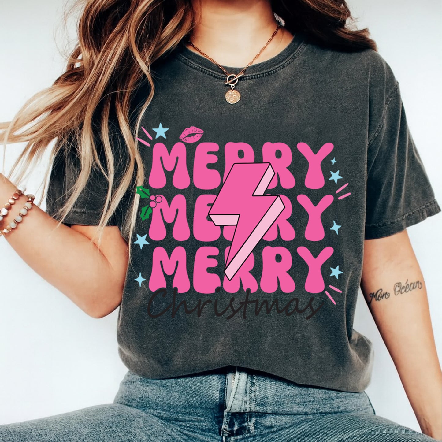 Christmas DTF Transfer – Pink Merry Merry Merry Christmas with Lightning Bolt Ready to Press Iron On Heat Transfer for DIY Shirts 11870