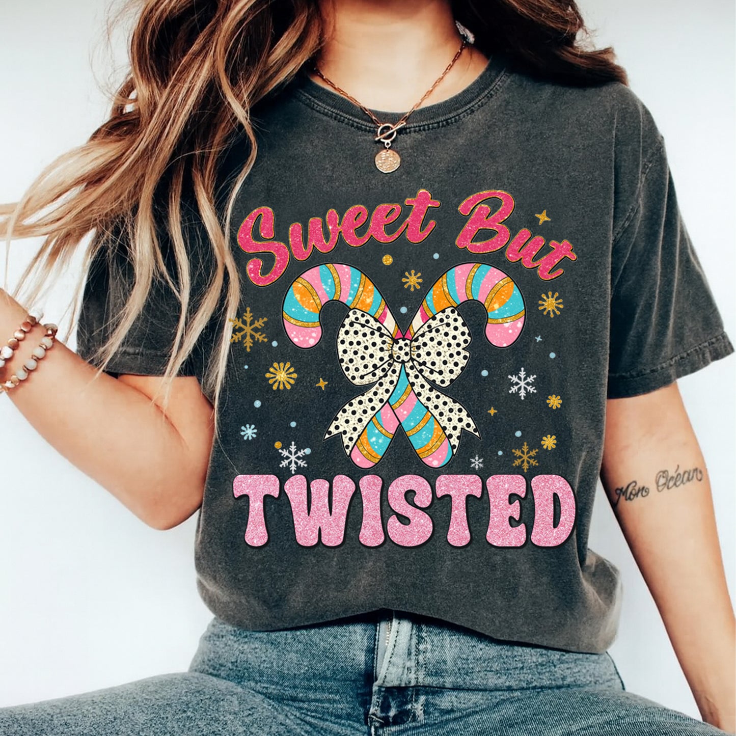 Christmas DTF Transfer – Sweet But Twisted Candy Canes with Polka Dot Bow Ready to Press Iron On Heat Transfer for DIY Shirts 11872