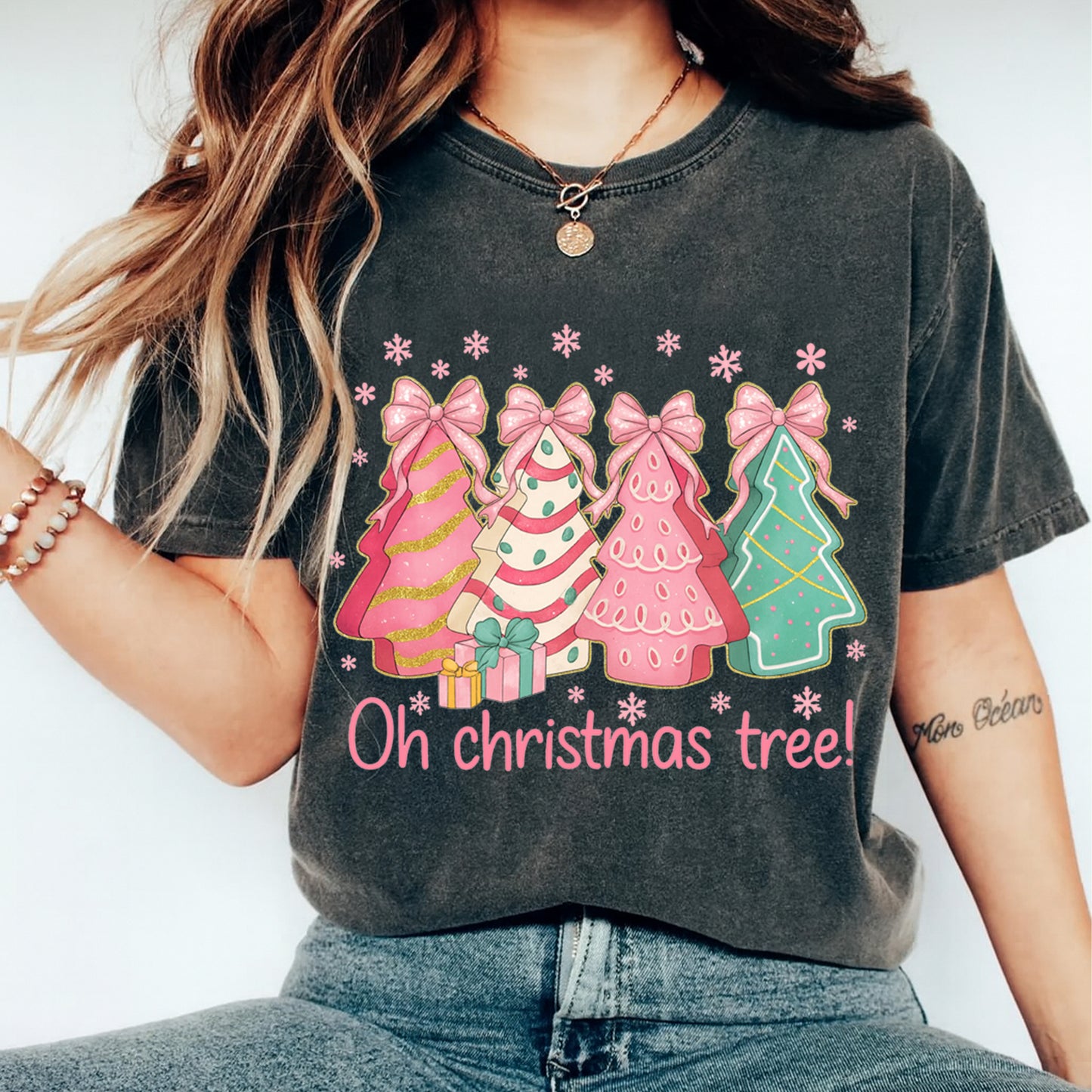 Christmas DTF Transfer – Oh Christmas Tree with Pink Bows and Gifts Ready to Press Iron On Heat Transfer for DIY Shirts 11873