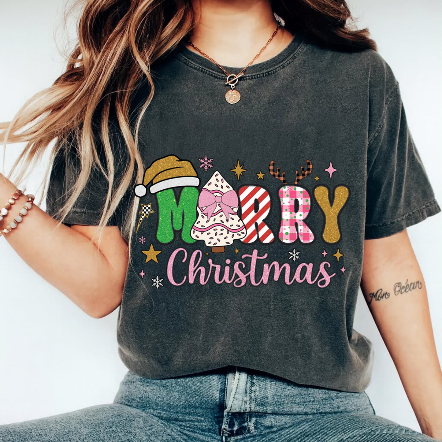 Christmas DTF Transfer – Merry Christmas Patch Letters with Hat Tree and Reindeer Antlers Ready to Press Iron On Heat Transfer for DIY Shirts 11876