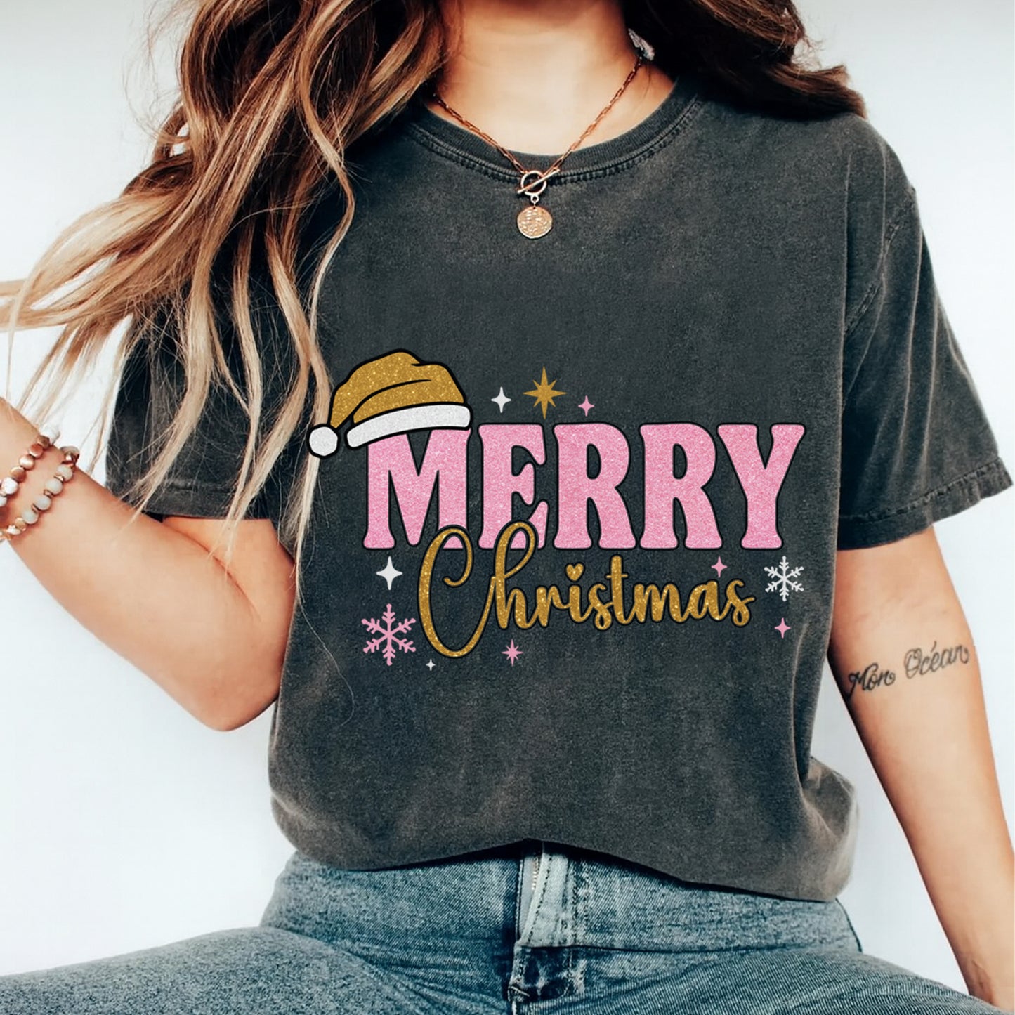 Christmas DTF Transfer – Pink Glitter Merry Christmas with Gold Santa Hat Ready to Press Iron On Heat Transfer for DIY Shirts 11877