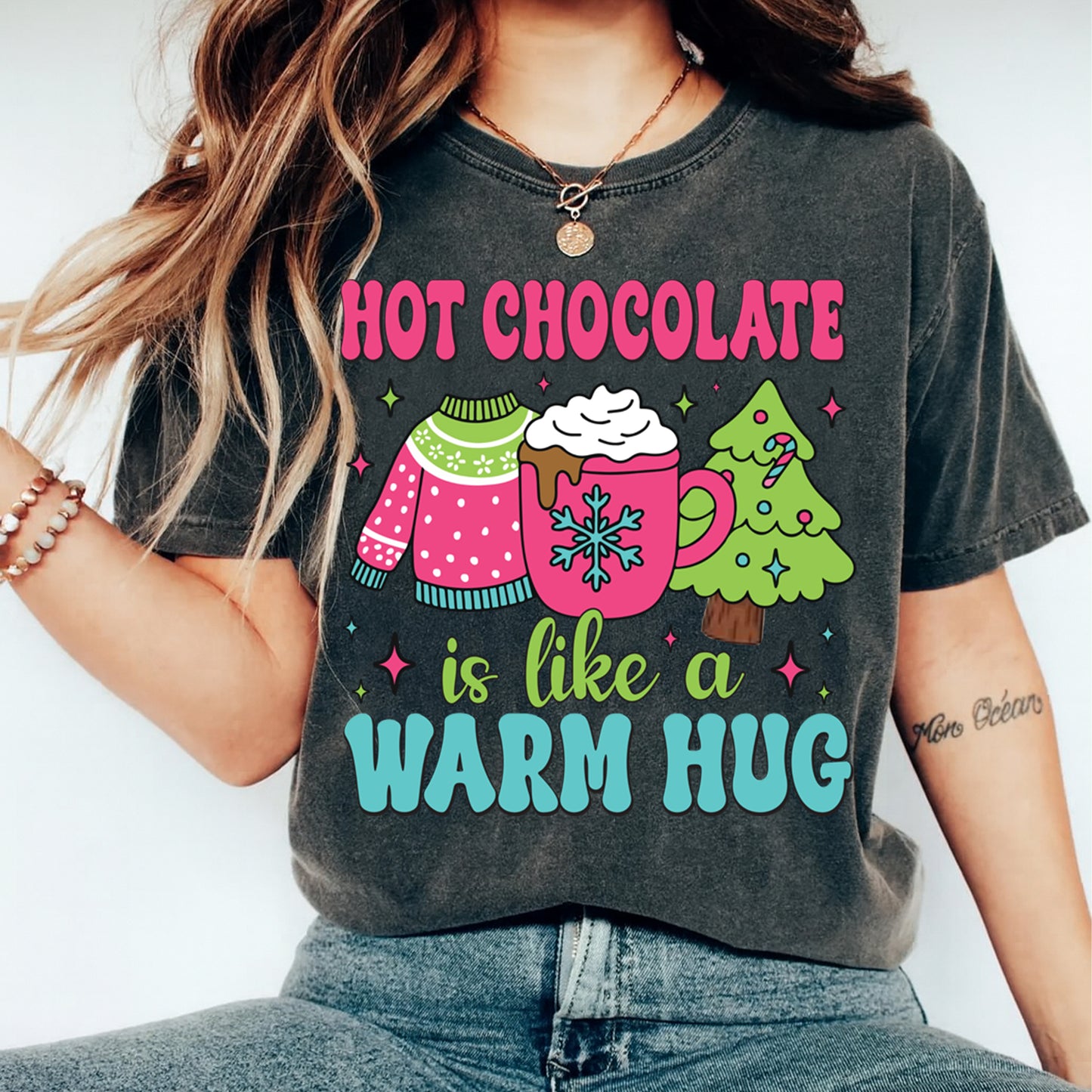 Christmas DTF Transfer – Hot Chocolate Is Like a Warm Hug Cozy Mug Sweater Tree Ready to Press Iron On Heat Transfer for DIY Shirts 11879