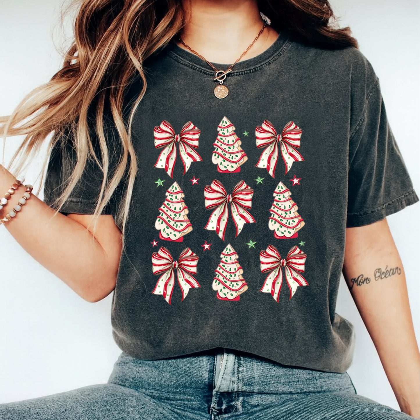 Christmas DTF Transfer – Red Bow and Polka Dot Tree Pattern Ready to Press Iron On Heat Transfer for DIY Shirts 11881