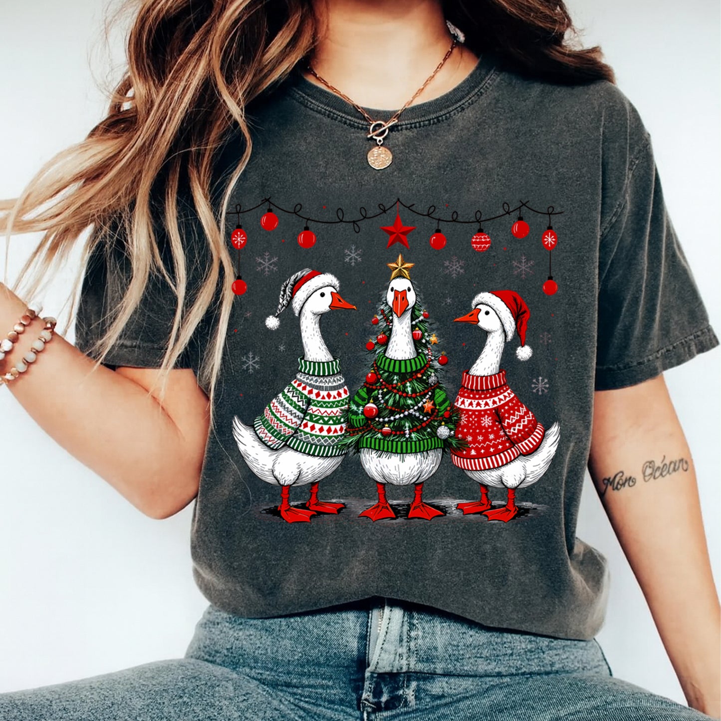 Christmas DTF Transfer – Funny Holiday Geese in Sweaters and Tree Costume Ready to Press Iron On Heat Transfer for DIY Shirts 11883