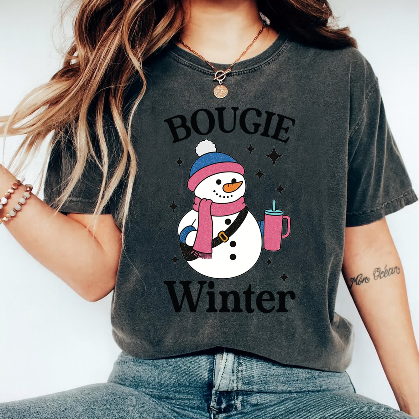 Winter DTF Transfer – Bougie Snowman with Coffee Cup Ready to Press Iron On Heat Transfer for DIY Shirts 11885