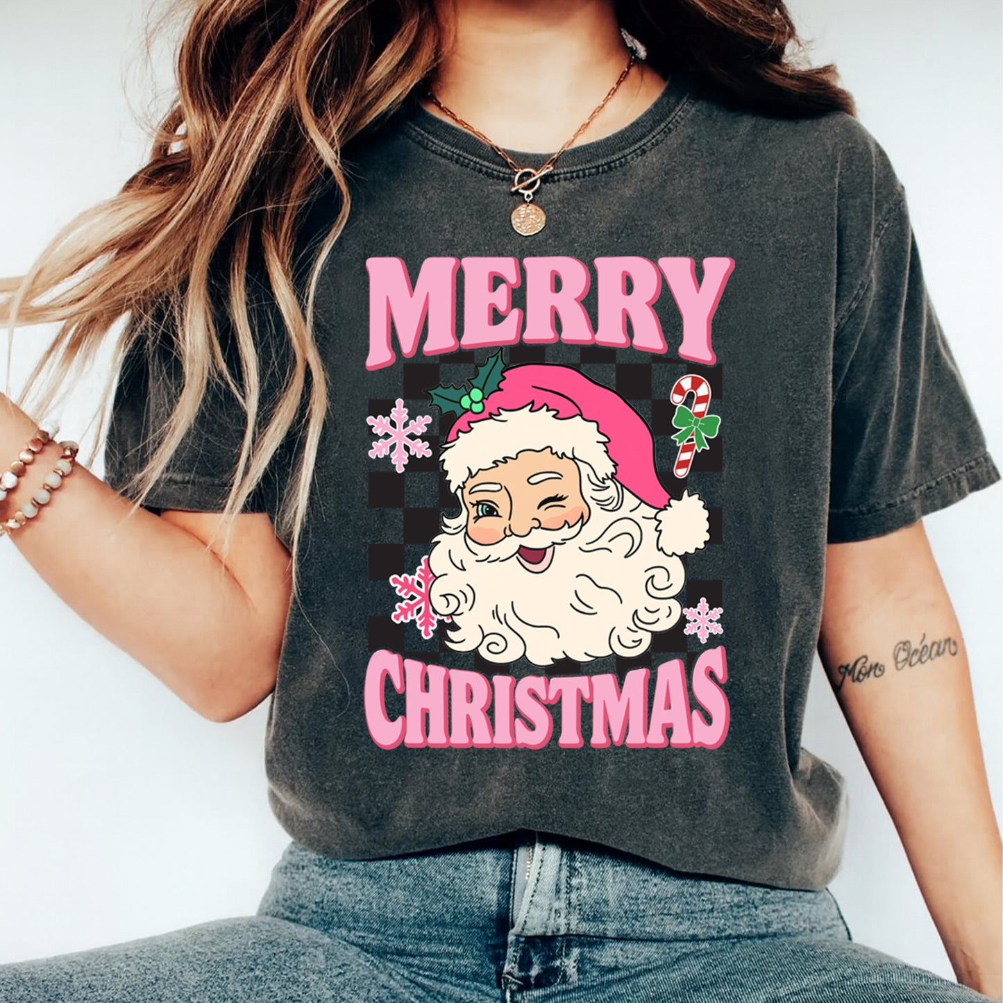 Christmas DTF Transfer – Retro Winking Santa with Checkerboard Background Ready to Press Iron On Heat Transfer for DIY Shirts 11887