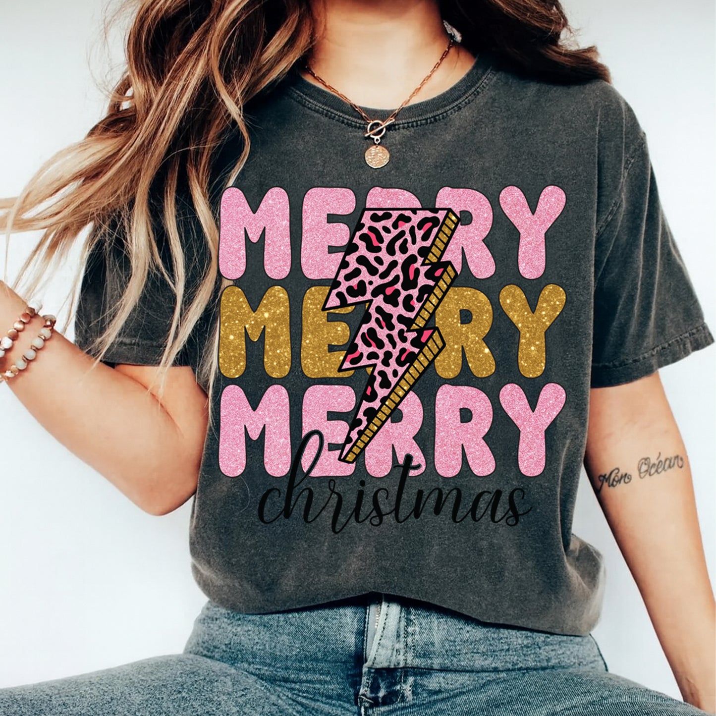Christmas DTF Transfer – Pink Leopard Lightning Bolt Merry Christmas Ready to Press Iron On Heat Transfer for DIY Shirts 11888