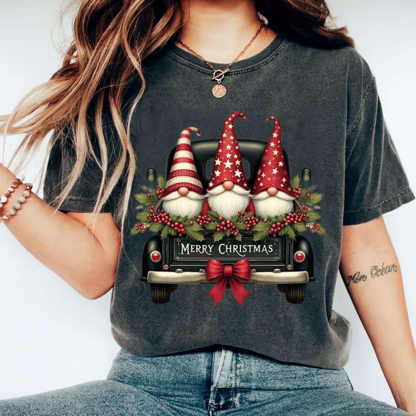 Christmas DTF Transfer – Gnomes in Red Truck with Holly Garland Ready to Press Iron On Heat Transfer for DIY Shirts 11893