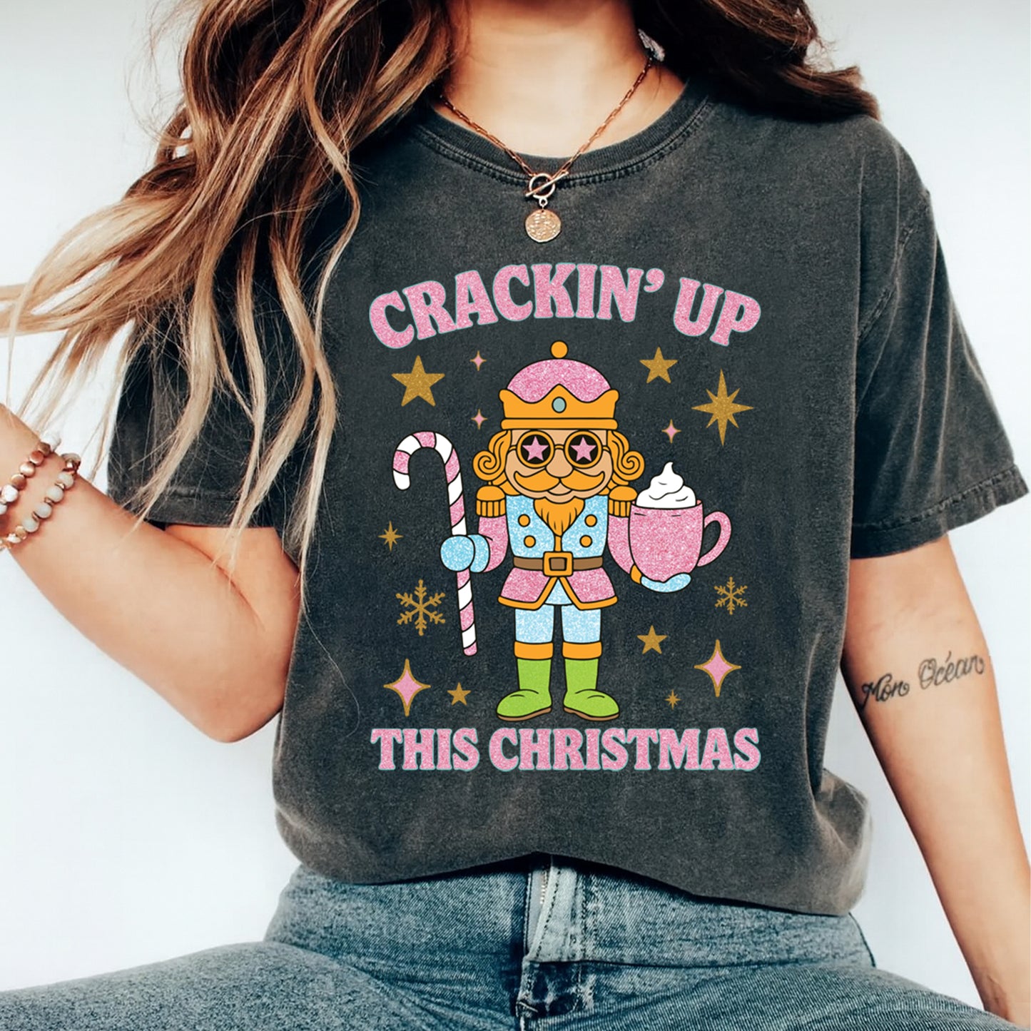 Christmas DTF Transfer – Crackin’ Up Nutcracker with Candy Cane & Cocoa Ready to Press Iron On Heat Transfer for DIY Shirts 11894