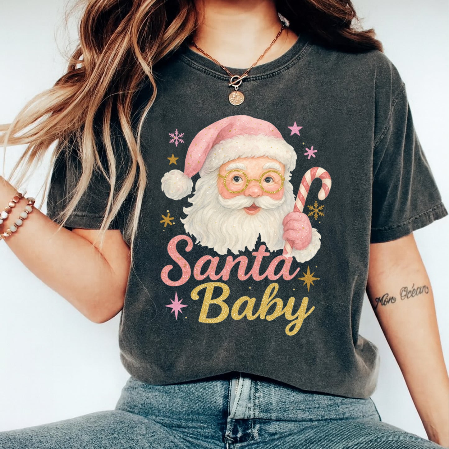 Christmas DTF Transfer – Pink Santa Baby Ready to Press Iron On Heat Transfer for DIY Shirts 11903