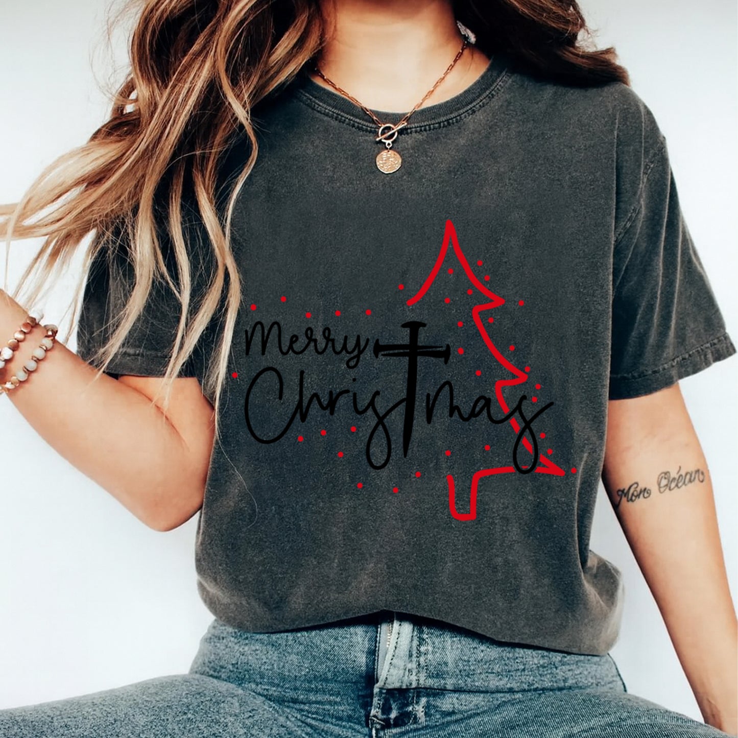 Christmas DTF Transfer – Faith Cross and Red Tree Merry Christmas Ready to Press Iron On Heat Transfer for DIY Shirts 11907
