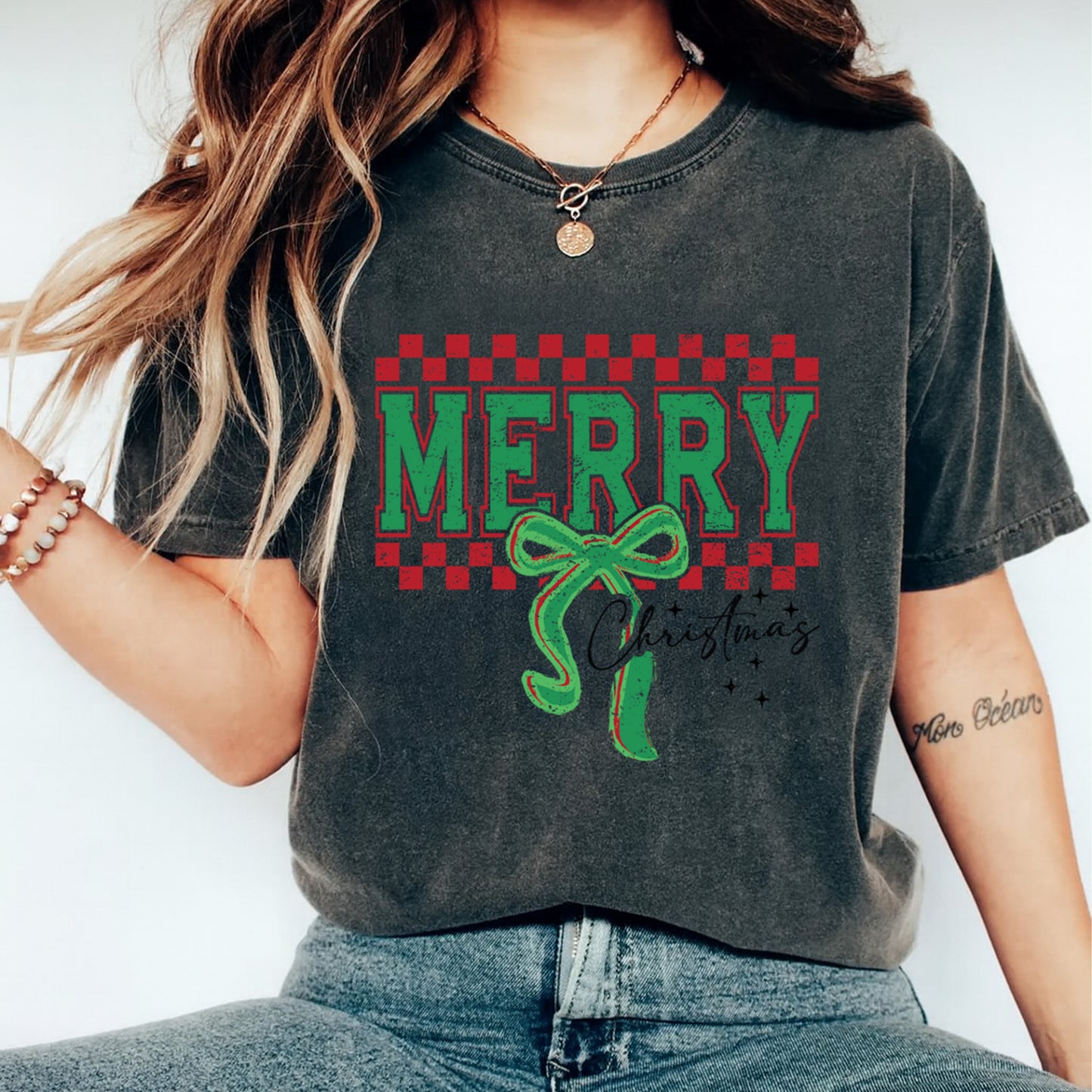 Christmas DTF Transfer – Red Checkerboard Merry with Green Bow Ready to Press Iron On Heat Transfer for DIY Shirts 11908